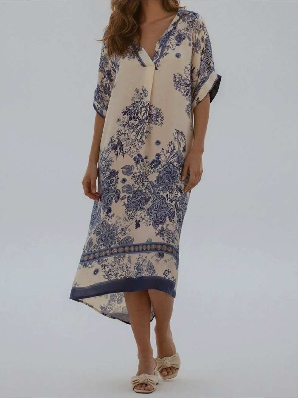 JAKI LONDON Ottilie Silk-Blend Kaftan Dress, Navy, S/M